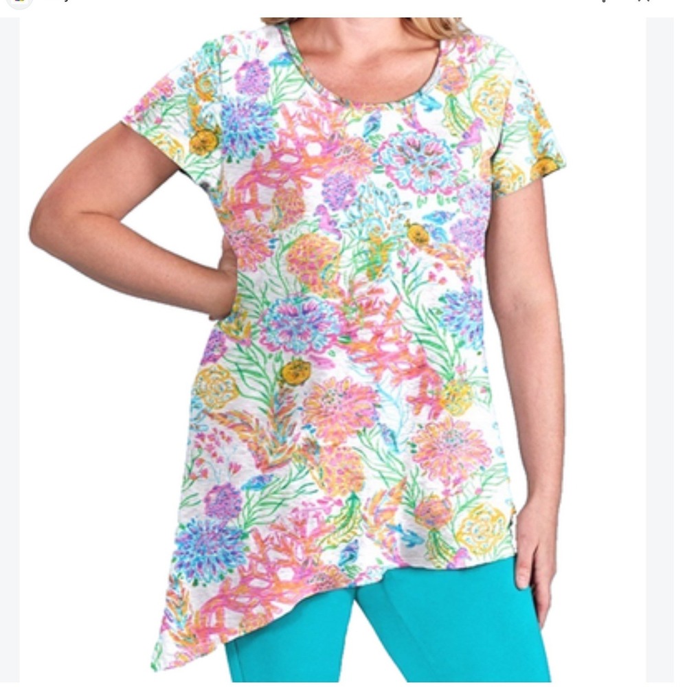 Fresh Produce Womens Asymmetrical Cotton Top 3X Oceanscape Sasha Beach Vacay